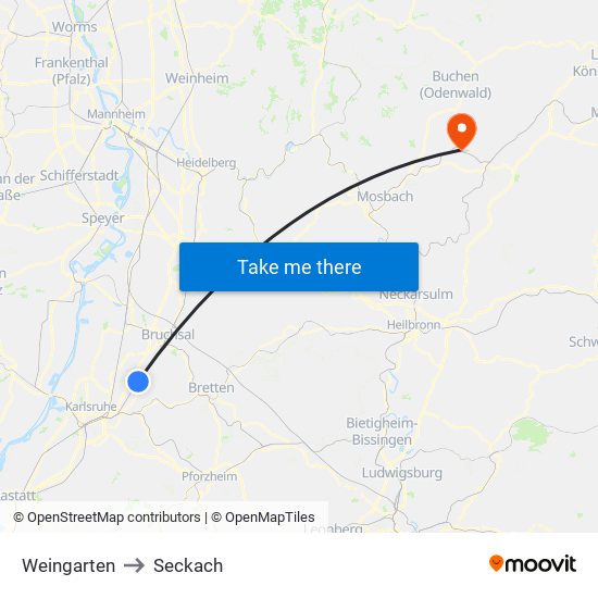 Weingarten to Seckach map