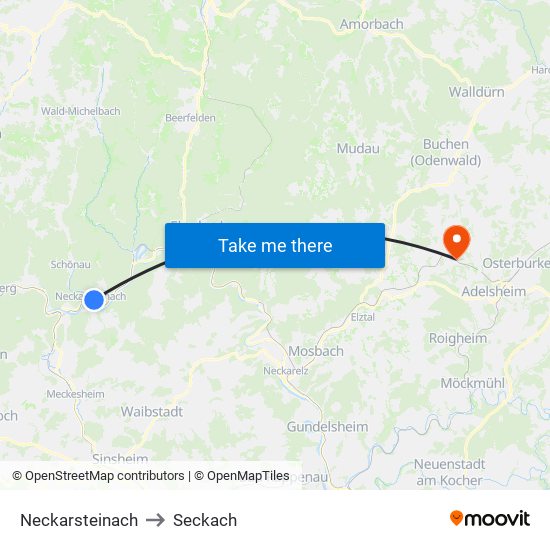 Neckarsteinach to Seckach map