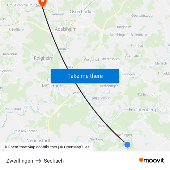 Zweiflingen to Seckach map