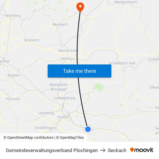 Gemeindeverwaltungsverband Plochingen to Seckach map