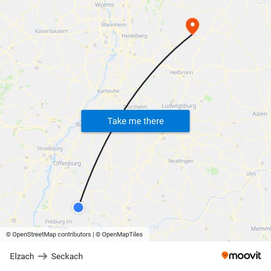 Elzach to Seckach map