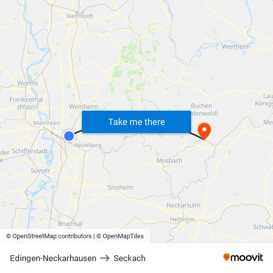 Edingen-Neckarhausen to Seckach map