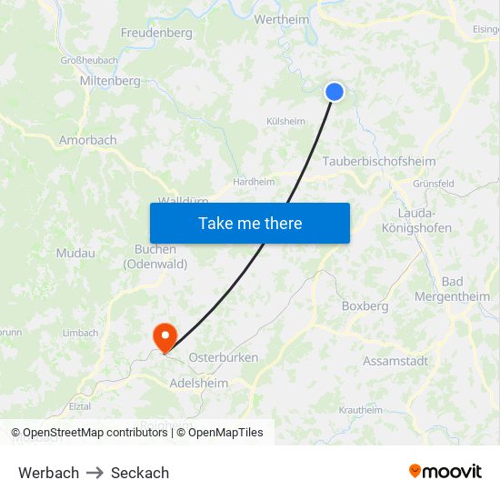 Werbach to Seckach map