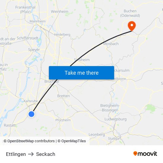 Ettlingen to Seckach map