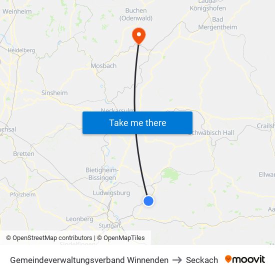 Gemeindeverwaltungsverband Winnenden to Seckach map