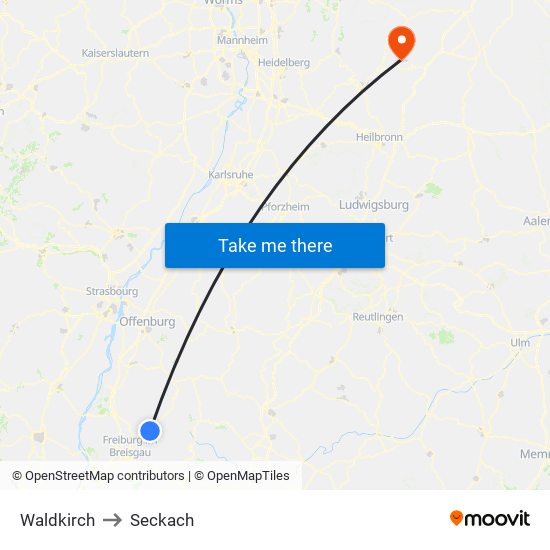 Waldkirch to Seckach map