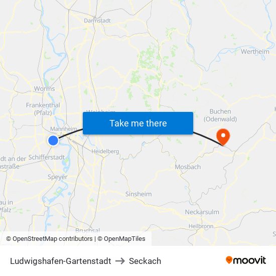 Ludwigshafen-Gartenstadt to Seckach map