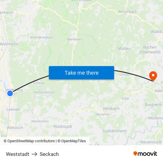 Weststadt to Seckach map