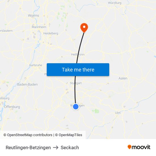 Reutlingen-Betzingen to Seckach map