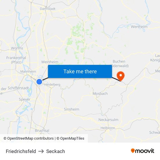 Friedrichsfeld to Seckach map