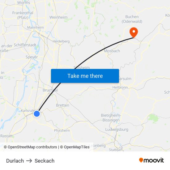 Durlach to Seckach map