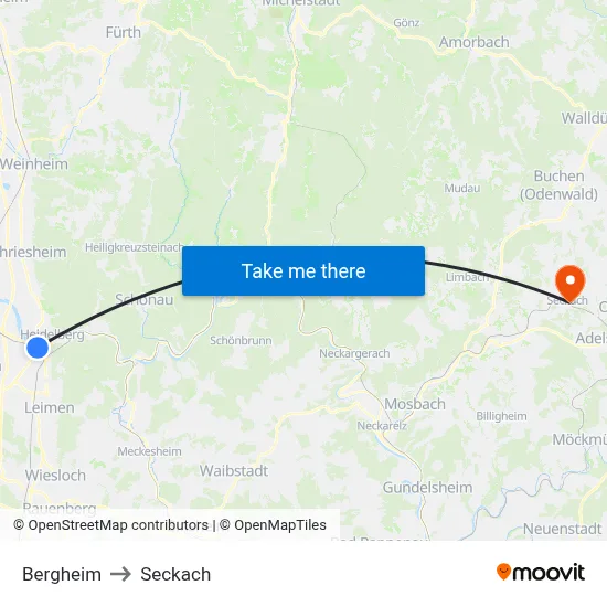 Bergheim to Seckach map