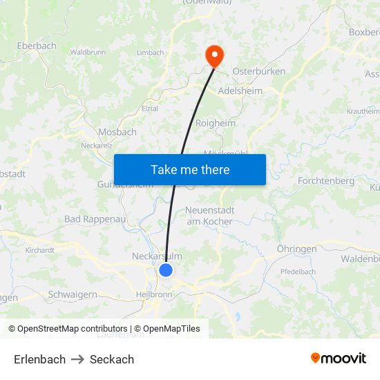 Erlenbach to Seckach map