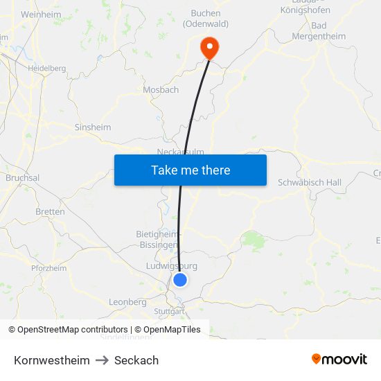 Kornwestheim to Seckach map