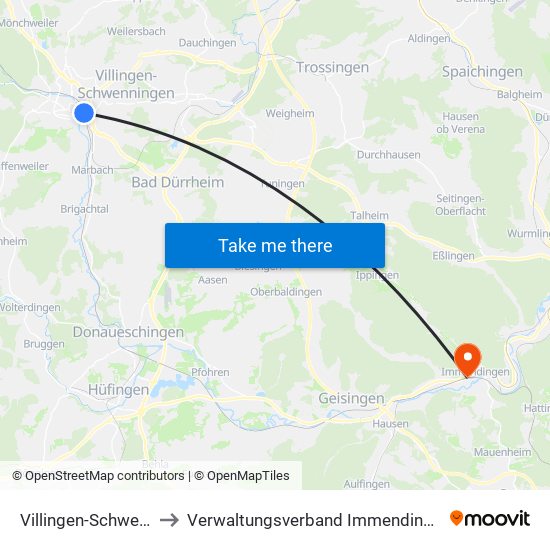 Villingen-Schwenningen to Verwaltungsverband Immendingen-Geisingen map