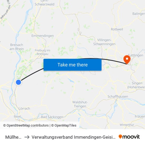 Müllheim to Verwaltungsverband Immendingen-Geisingen map