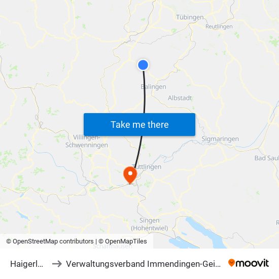 Haigerloch to Verwaltungsverband Immendingen-Geisingen map