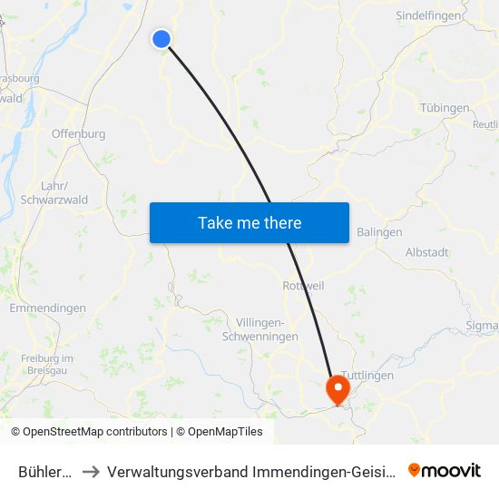 Bühlertal to Verwaltungsverband Immendingen-Geisingen map