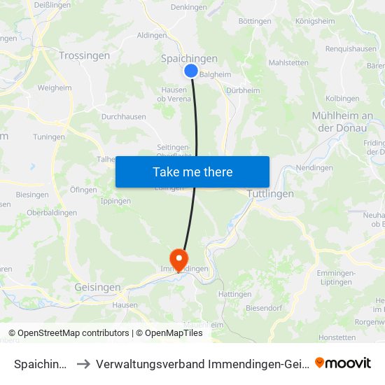 Spaichingen to Verwaltungsverband Immendingen-Geisingen map