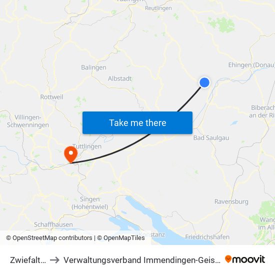 Zwiefalten to Verwaltungsverband Immendingen-Geisingen map