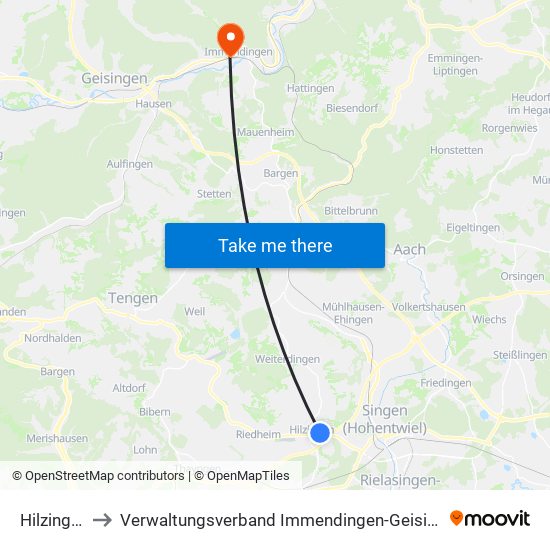 Hilzingen to Verwaltungsverband Immendingen-Geisingen map