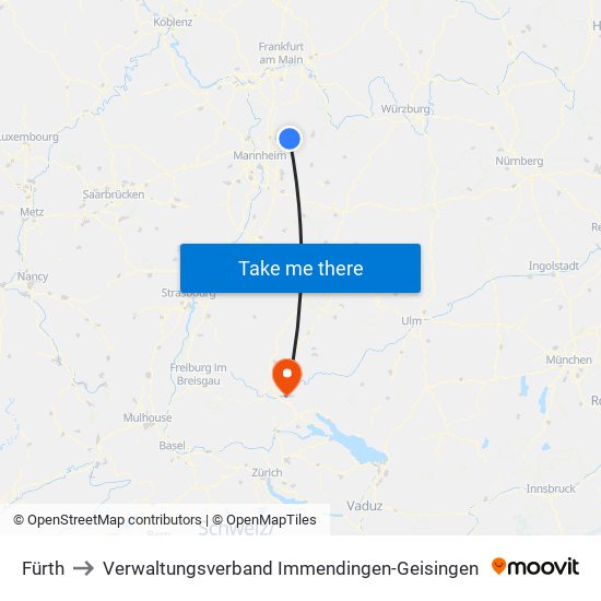 Fürth to Verwaltungsverband Immendingen-Geisingen map