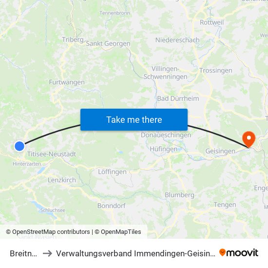 Breitnau to Verwaltungsverband Immendingen-Geisingen map