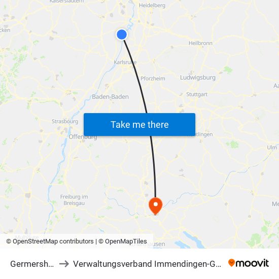 Germersheim to Verwaltungsverband Immendingen-Geisingen map