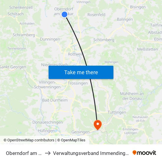 Oberndorf am Neckar to Verwaltungsverband Immendingen-Geisingen map