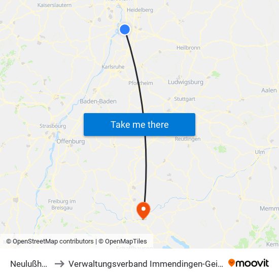 Neulußheim to Verwaltungsverband Immendingen-Geisingen map