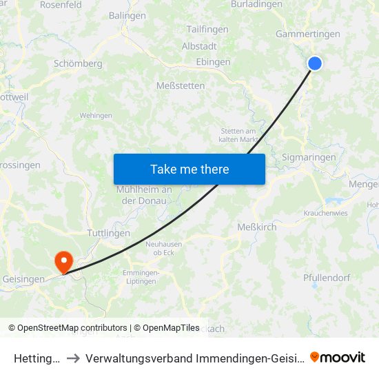 Hettingen to Verwaltungsverband Immendingen-Geisingen map