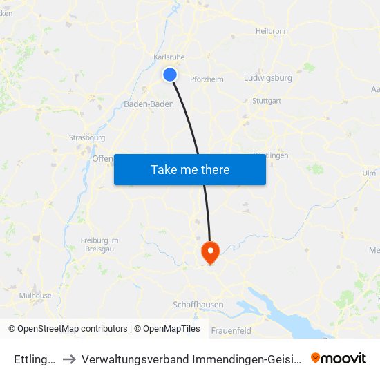 Ettlingen to Verwaltungsverband Immendingen-Geisingen map