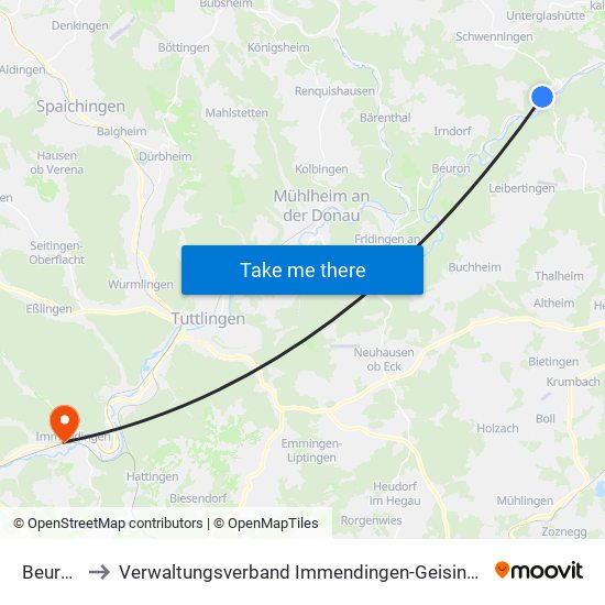 Beuron to Verwaltungsverband Immendingen-Geisingen map