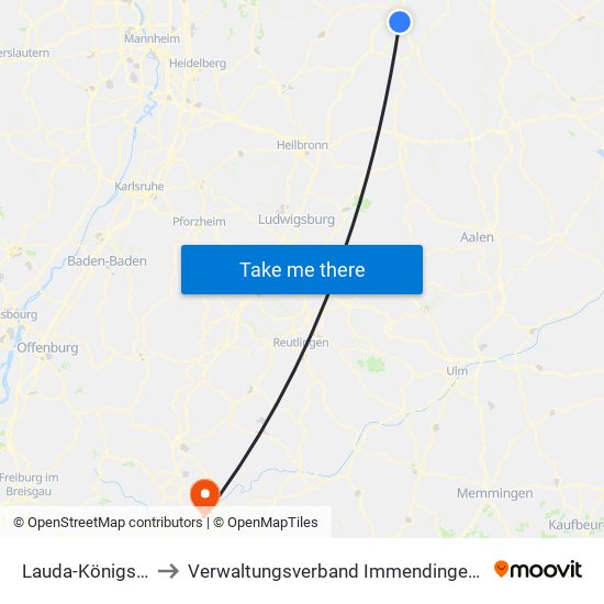 Lauda-Königshofen to Verwaltungsverband Immendingen-Geisingen map