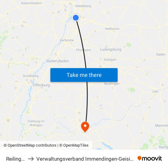Reilingen to Verwaltungsverband Immendingen-Geisingen map
