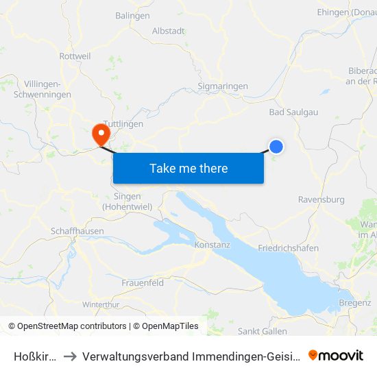 Hoßkirch to Verwaltungsverband Immendingen-Geisingen map
