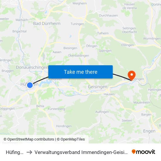 Hüfingen to Verwaltungsverband Immendingen-Geisingen map