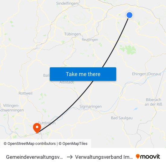 Gemeindeverwaltungsverband Raum Bad Boll to Verwaltungsverband Immendingen-Geisingen map