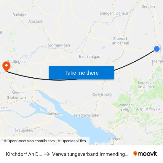 Kirchdorf An Der Iller to Verwaltungsverband Immendingen-Geisingen map