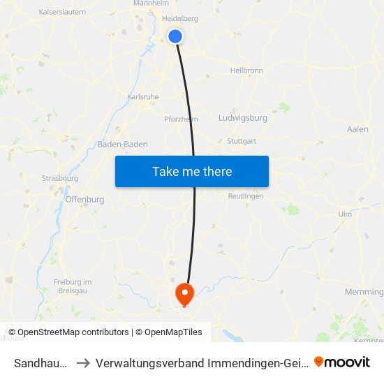 Sandhausen to Verwaltungsverband Immendingen-Geisingen map