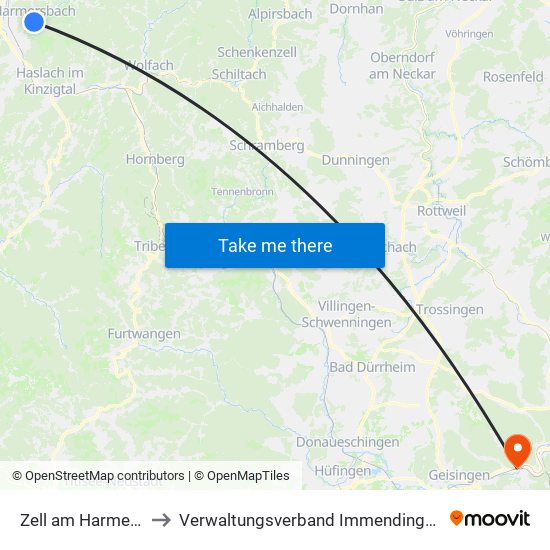 Zell am Harmersbach to Verwaltungsverband Immendingen-Geisingen map