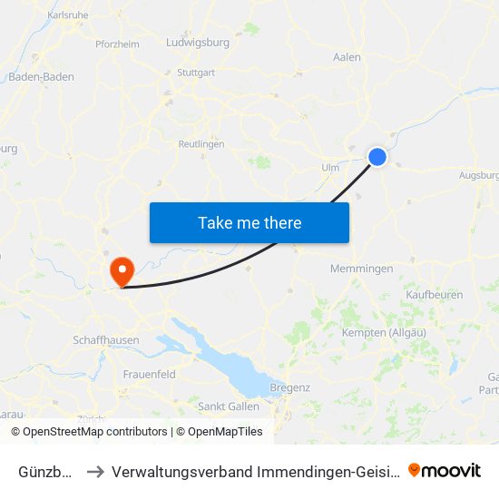 Günzburg to Verwaltungsverband Immendingen-Geisingen map