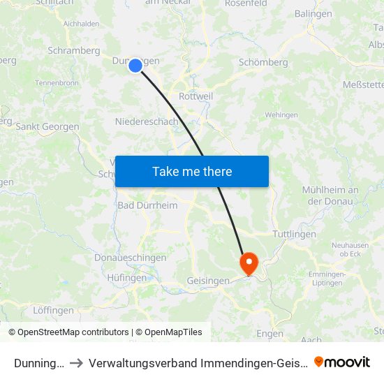 Dunningen to Verwaltungsverband Immendingen-Geisingen map