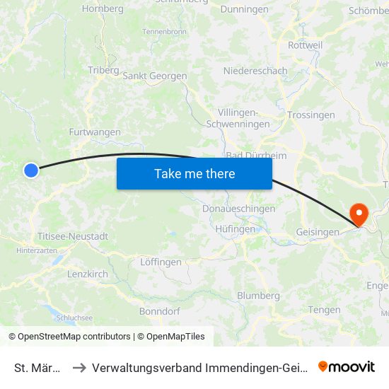 St. Märgen to Verwaltungsverband Immendingen-Geisingen map