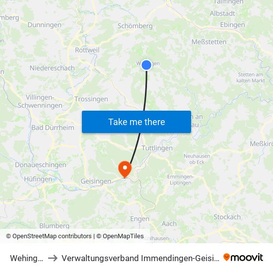 Wehingen to Verwaltungsverband Immendingen-Geisingen map