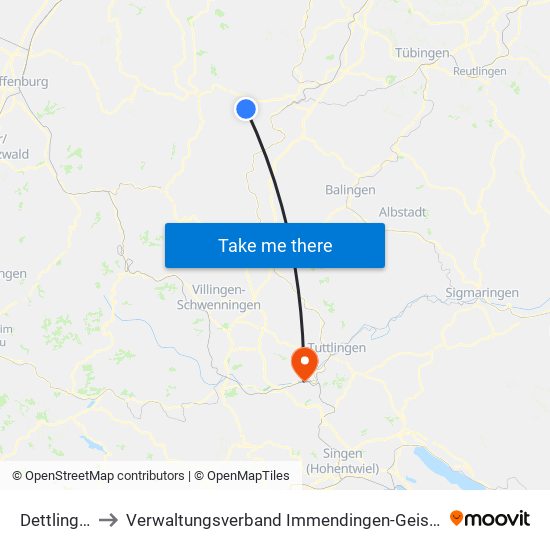 Dettlingen to Verwaltungsverband Immendingen-Geisingen map