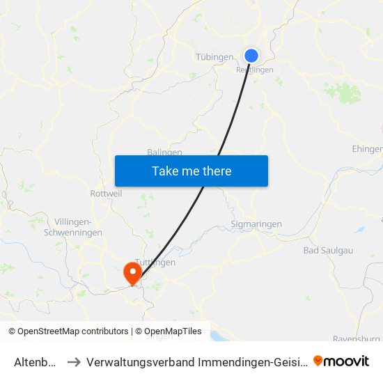 Altenburg to Verwaltungsverband Immendingen-Geisingen map