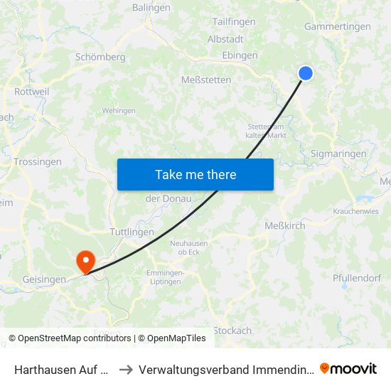 Harthausen Auf Der Scher to Verwaltungsverband Immendingen-Geisingen map