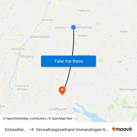 Enzweihingen to Verwaltungsverband Immendingen-Geisingen map