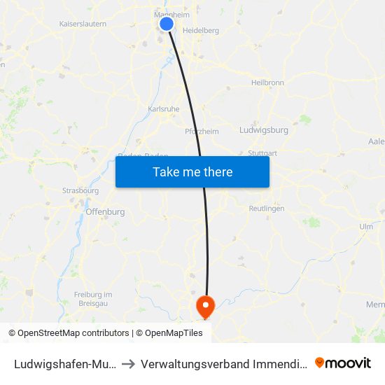 Ludwigshafen-Mundenheim to Verwaltungsverband Immendingen-Geisingen map